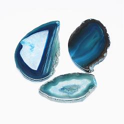 Bleu Ciel Foncé Agate naturelle tranches grands pendentifs, teint, bleu profond du ciel, 50~110x27~60x5~10mm, trou: 2 mm, sur 20~40 PCs / kg