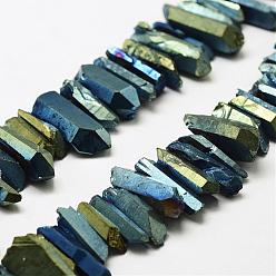 Dark Slate Gray Electroplated Natural Quartz Crystal Beads Strands, Nuggets, Tusk Shape, Green Plated, Dyed, Dark Slate Gray, 7~15x18~60mm, Hole: 1mm, about 46pcs/strand, 16 inch