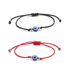 Mixed Color 2Pcs 2 Color Resin Evil Eye Braided Bead Bracelets Set, Adjustable Bracelets for Women, Mixed Color, Inner Diameter: 3/8~3-1/8 inch(1~8cm), 1Pc/color