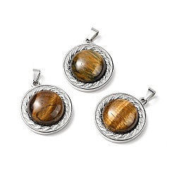 Tiger Eye Natural Tiger Eye Pendants, with Stainless Steel Color Tone 304 Stainless Steel Findings, Half Round Charm, 24.5x21x8mm, Hole: 3x6mm