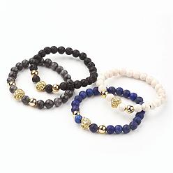 Mixed Stone Natural & Synthetic Mixed Gemstone Beaded Stretch Bracelets, with Alloy Finding, Lion Head, Golden, 2-1/4 inch(55.5mm)
