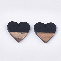 Black Resin & Walnut Wood Pendants, Heart, Black, 24x25x3.5~4mm, Hole: 2mm
