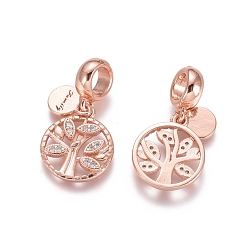 Rose Gold Brass Micro Pave Cubic Zirconia European Dangle Charms, Large Hole Pendants, Flat Round with Tree and Word Family, Clear, Rose Gold, 24.5mm, Flat Round: 8x6x1mm, Tree: 15x13x2mm, Hole: 5mm