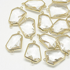 Clear Glass Links connectors, with Golden Tone Brass Findings, Faceted, Polygon, Clear, 25.5x17x6.5mm, Hole: 1mm