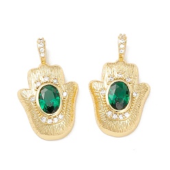 Real 18K Gold Plated Rack Plating Brass Micro Pave Lime Green Cubic Zirconia Pendants, Cadmium Free & Nickel Free & Lead Free, Long-Lasting Plated, Hamsa Hand, Real 18K Gold Plated, 24x14x5mm, Hole: 4x2.5mm