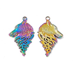 Rainbow Color Ion Plating(IP) 304 Stainless Steel Pendants, Wolf Head Charm, Rainbow Color, 38x22x2mm, Hole: 2.5mm