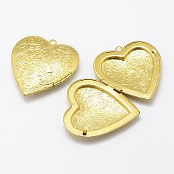Raw(Unplated) Brass Locket Pendants, Heart with Flower, Nickel Free, Raw(Unplated), 42x40x9mm, Hole: 3mm