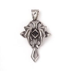 Antique Silver 304 Stainless Steel Pendants, with Jet Rhinestone, Cross with Demon Wing, Antique Silver, 38x27x8.5mm, Hole: 8x5mm