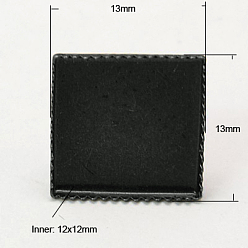 Gunmetal Brass Stud Earring Settings, Gunmetal, 13x13mm, Tray: 12x12mm, Pin: 0.6mm thick