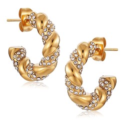 Golden Clear Cubic Zirconia Twist Rope C-shape Stud Earrings, 430 Stainless Steel Half Hoop Earrings for Women, Golden, 19x4mm, Pin: 1mm