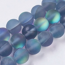 Steel Blue Synthetic Moonstone Beads Strands, Holographic Beads, Round, Frosted, Steel Blue, 8mm, Hole: 1mm, about 48pcs/strand, 15.51 inch~15.7 inch(39.4~40cm)