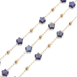 Lapis Lazuli Ion Plating(IP) 304 Stainless Steel Satellite Chains, with Natural Lapis Lazuli Star Beaded, Unwelded, with Spool, Golden, 4x4x2mm