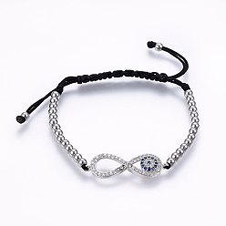 Stainless Steel Color Adjustable 304 Stainless Steel Braided Beaded Bracelets, with Nylon Cord and Brass Micro Pave Cubic Zirconia Links, Infinity, Colorful, Stainless Steel Color, 1-7/8 inch(4.8cm)~3 inch(7.8cm), 4mm