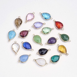 Mixed Color Brass Glass Links connectors, Faceted, teardrop, Light Gold, Mixed Color, 14x25.5x5mm, Hole: 2mm