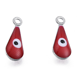 Dark Red 304 Stainless Steel Enamel Charms, Stainless Steel Color, Teardrop with Evil Eye, Dark Red, 12x4.5x3mm, Hole: 1.2mm