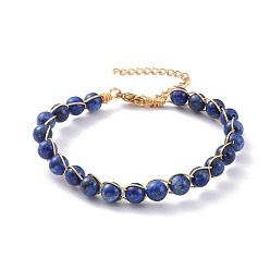 Lapis Lazuli Bracelets en lapis-lazuli naturel (teints), avec 304 accessoires en acier inoxydable, ronde, 7-3/8 pouces ~ 7-1/2 pouces (18.6~19 cm)