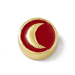 FireBrick Real 18K Gold Plated Brass Enamel Beads, Long-Lasting Plated, Cadmium Free & Lead Free, Flat Round with Moon, FireBrick, 11x4.5mm, Hole: 1.8mm