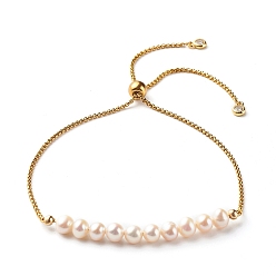 White Natural Pearl Beads Slider Bracelets, with Vacuum Plating 304 Stainless Steel Venetian Chains/Box Chains, White, Inner Diameter: 5/8 inch(1.5cm)