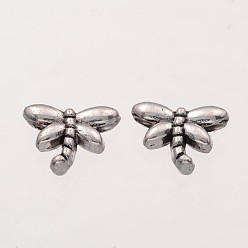 Antique Silver Dragonfly Tibetan Style Alloy Beads, Lead Free & Nickel Free & Cadmium Free, Antique Silver, about 8mm wide, 6mm thick, Hole: 0.7mm