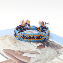 Sky Blue Polyester Braided Rhombus Pattern Cord Bracelet, Ethnic Tribal Adjustable Brazilian Bracelet for Women, Sky Blue, 5-7/8 inch(15cm)