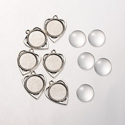Antique Silver 18x4mm Transparent Clear Glass Cabochons and Antique Silver Alloy Heart Pendant Cabochon Settings, Pendant: 30.5x25mm, Tray: 18mm, Hole: 2mm