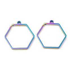 Rainbow Color 304 pendentifs hexagonaux à lunette arrière ouverte en acier inoxydable, pour diy uv résine, une résine époxy, Bijoux à fleurs pressées, couleur arc en ciel, 28x28x3mm, Trou: 2.2mm, diamètre intérieur: 23x26 mm