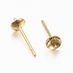 Real 24K Gold Plated 304 Stainless Steel Post Stud Earring Settings For Half Drilled Bead, Real 24K Gold Plated, 13.5x4mm, Tray: 3.5mm, Pin: 0.8mm
