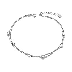 Platinum SHEGRACE Rhodium Plated 925 Sterling Silver 2-Layered Anklet, Hearts and Small Beads, Platinum, 210mm