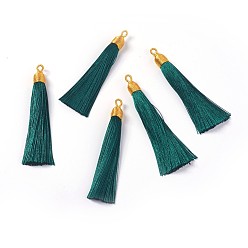 Teal Nylon Tassel Big Pendants, with Iron Findings, Golden, Teal, 86x9.5mm, Hole: 3x5mm
