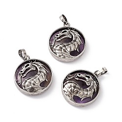 Amethyst Natural Amethyst Pendants, Flat Round Charms with Rack Plating Antique Silver Tone Brass Dragon, Cadmium Free & Lead Free, 32x28x7.5mm, Hole: 8.5x5mm