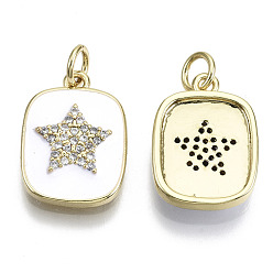 White Brass Micro Pave Clear Cubic Zirconia Pendants, with Enamel and Jump Ring, Rectangle with Star, Real 16K Gold Plated, Nickel Free, White, 17.5x13x3mm, Jump Ring: 5x1mm, 3mm inner diameter