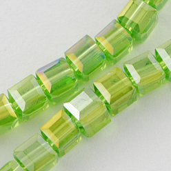 Lawn Green Electroplate Glass Beads Strands, AB Color Plated, Faceted, Cube, Lawn Green, 4x4x4mm, Hole: 1mm, about 100pcs/strand, 17 inch