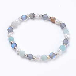 Amazonite Stretch Bracelets, with Natural Flower Amazonite and Synthetic Moonstone Beads, Grade A Pearl Beads and Brass Textured Beads, 2-1/4 inch(5.6~5.8cm)
