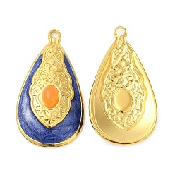 Royal Blue Enamel Pendants, with 304 Stainless Steel Finding and Arcylic Cabochons, Real 18K Gold Plated, Teardrop Charm, Royal Blue, 34.5x18x6mm, Hole: 2mm
