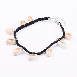 Black Fashion Style Cowrie Shell Charm Collar Choker Necklaces, with Alloy Clasps, Black, 11 inch