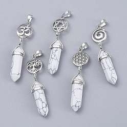 Howlite Synthetic Howlite Pointed Big Pendants, Double Terminated Pointed, with Platinum Plated Brass Findings, Faceted, Bullet, 59~67x14~15mm, Hole: 7x5mm, Gemstone: 41~44x8mm
