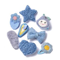 Light Steel Blue kids Hair Clips Sets, Iron Snap Hair Clips & Alligator Hair Clips, with Wool and Cloth, Teardrop & Strawberry & Star & Bowknot & Flower, Light Steel Blue, 52~67x29~64x3~24mm, 8pcs/set