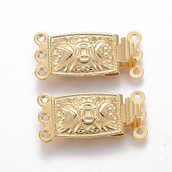 Real 24K Gold Plated 304 Stainless Steel Box Clasps, Multi-Strand Clasps, 3-Strands, 6-Holes, Rectangle, Real 24k Gold Plated, 21x10x4.5mm, Hole: 1mm