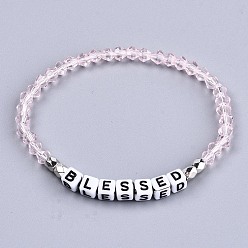 Pink Bracelets extensibles en perles de verre bicône à facettes, bracelets inspirants, avec des perles de lettres acryliques cubes, mot béni, rose, diamètre intérieur: 2-1/8 pouce (5.3 cm)