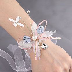 Butterfly Silk Cloth Wrist Corsage, with Plastic Pearl Beads, for Bride or Bridesmaid, Wedding, Party Decorations, White, Butterfly Pattern, 130mm