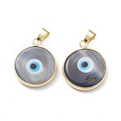 Gray Handmade Evil Eye Lampwork Pendants, with Rack Plating Light Gold Tone Brass Findings, Long-Lasting Plated, Lead Free & Cadmium Free, Flat Round, Gray, 24~25.5x20.5~21x4~4.5mm, Hole: 6x4~4.5mm
