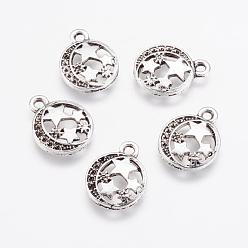 Antique Silver Alloy Pendants, Flat Round and Star, Antique Silver, 16x12.5x2mm, Hole: 1.5mm