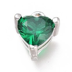 Green Brass Micro Pave Cubic Zirconia Charms, Long-Lasting Plated, Heart, Platinum, Green, 7x6.5x4mm, Hole: 0.8mm
