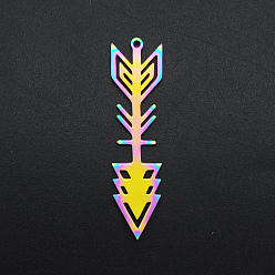 Rainbow Color Ion Plating(IP) 201 Stainless Steel Pendants, Laser Cut, Arrows, Rainbow Color, 44x11x1mm, Hole: 1.5mm