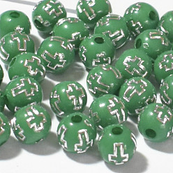 Green Plating Acrylic Beads, Round with Cross, Green, 8mm, 1800pcs/bag