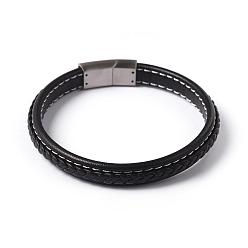 Couleur Acier Inoxydable Imitation cuir bracelets de corde tressés, avec 304 fermoirs magnétiques en acier inoxydable, couleur inox, 220x9x5mm