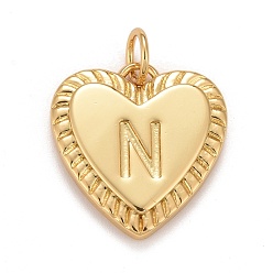 Letter N Rack Plating Real 18K Gold Plated Brass Pendants, with Jump Rings, Long-Lasting Plated, Lead Free & Cadmium Free & Nickel Free, Heart with Letter A~Z, Letter.N, 16x15x2.5mm, Jump Ring: 5x0.5mm, 3mm Inner Diameter