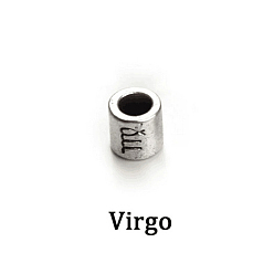 Virgo Plata antigua plateada aleación granos europeos, abalorios de grande agujero, columna con doce constelaciones, Virgo, 7.5x7.5 mm, agujero: 4 mm, 60 unidades / bolsa