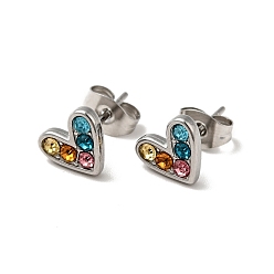 Colorful Heart 304 Stainless Steel Rhinestone Stud Earrings, 316 Surgical Stainless Steel Pin Ear Studs, with Ear Nuts, Stainless Steel Color, Colorful, 7x8.5mm, Pin: 0.7mm