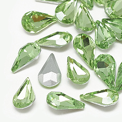Peridot Pointed Back Glass Rhinestone Cabochons, Back Plated, Faceted, teardrop, Peridot, 8x5x3mm